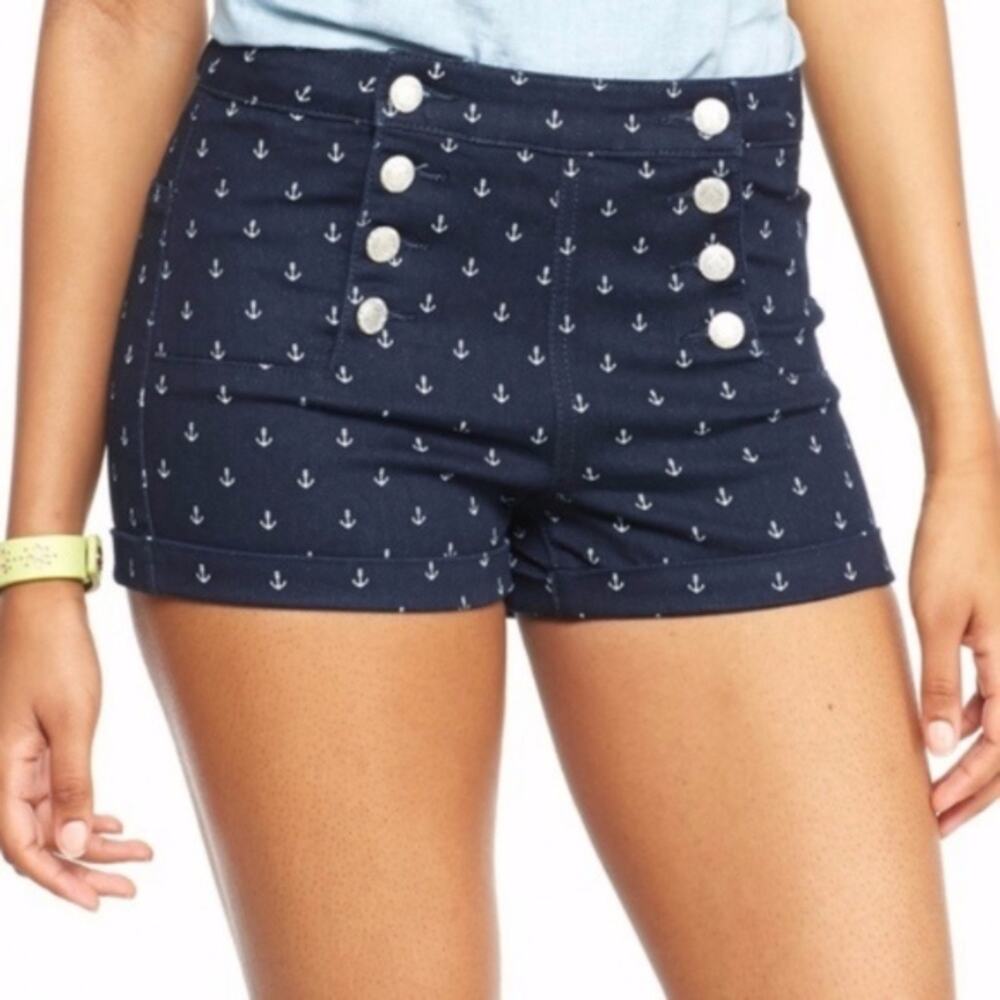 Almost Famous Womens Anchor Print Sailor Shorts Navy Blue High Waisted Size 7‎